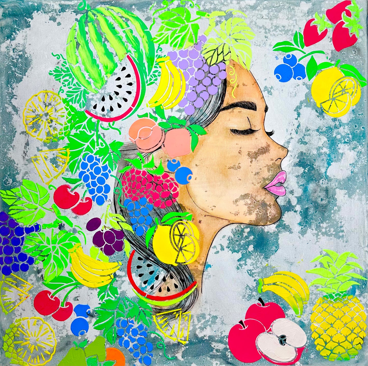 A Fruitful woman textured art, acrylic painting